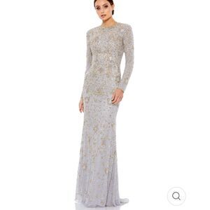 MAC DUGGAL TWO TONE BEADED HIGH NECK LONG SLEEVE GOWN platinum gold Flawed